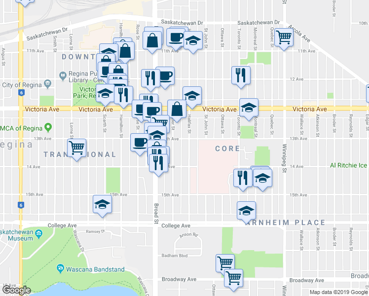 map of restaurants, bars, coffee shops, grocery stores, and more near 2126 Halifax Street in Regina