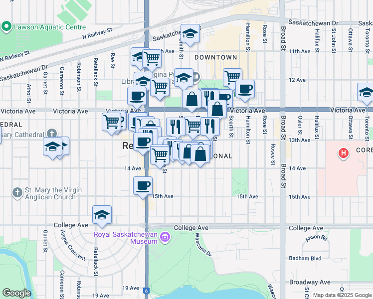 map of restaurants, bars, coffee shops, grocery stores, and more near 2121 Smith Street in Regina