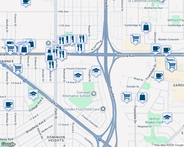 map of restaurants, bars, coffee shops, grocery stores, and more near 27 Vaughn Street in Regina