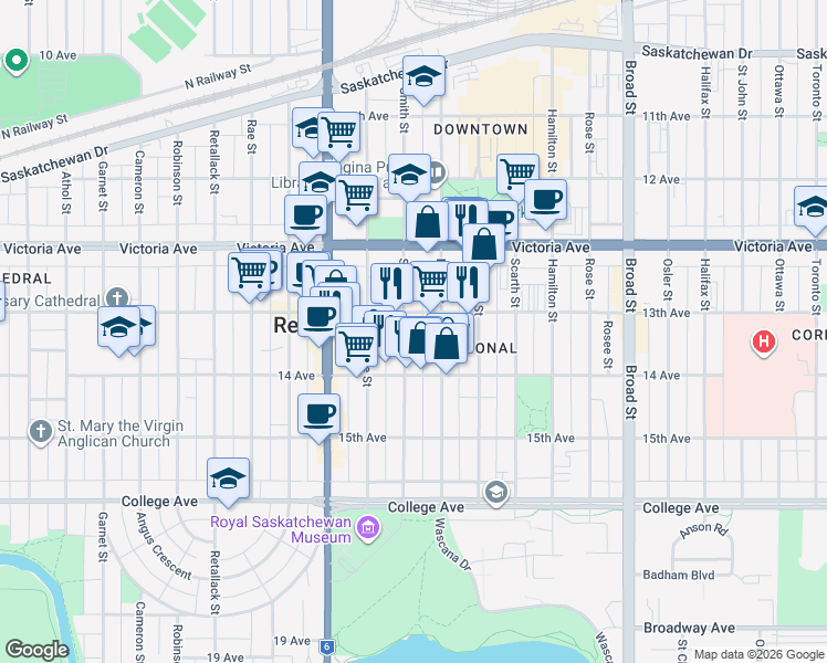 map of restaurants, bars, coffee shops, grocery stores, and more near 2121 Smith Street in Regina