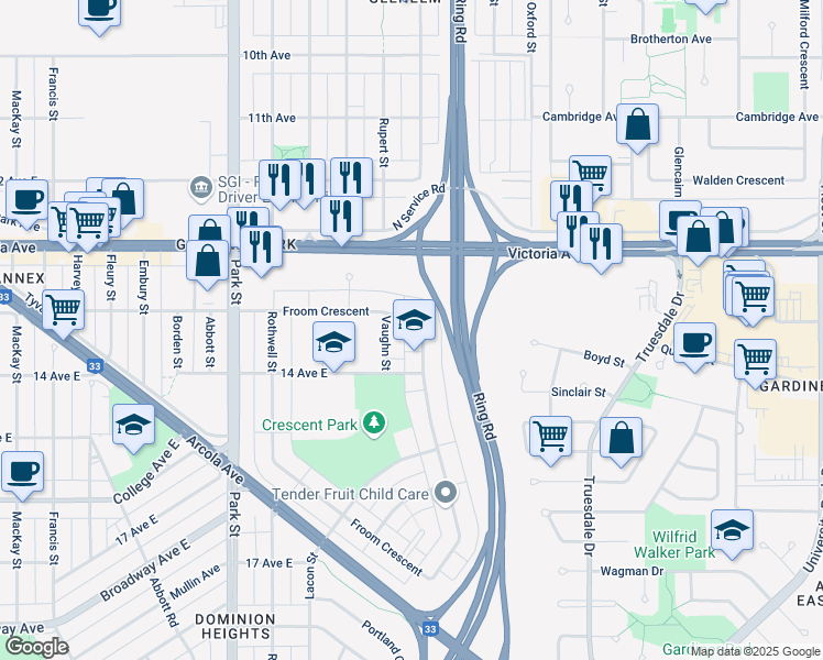 map of restaurants, bars, coffee shops, grocery stores, and more near 85 Froom Crescent in Regina