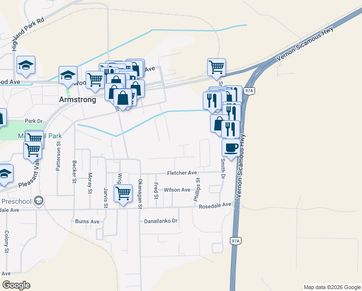 map of restaurants, bars, coffee shops, grocery stores, and more near Hayden Place in Armstrong