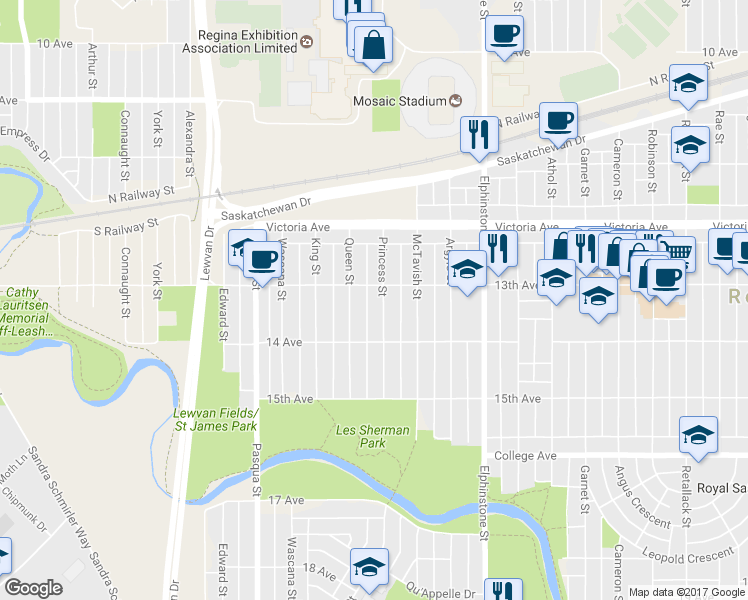 map of restaurants, bars, coffee shops, grocery stores, and more near 2129 Princess Street in Regina