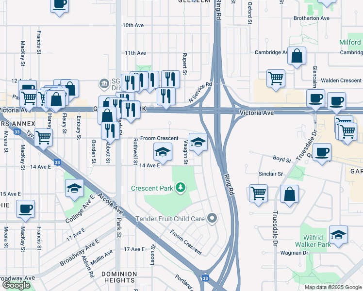 map of restaurants, bars, coffee shops, grocery stores, and more near 718 Vaughn Street in Regina