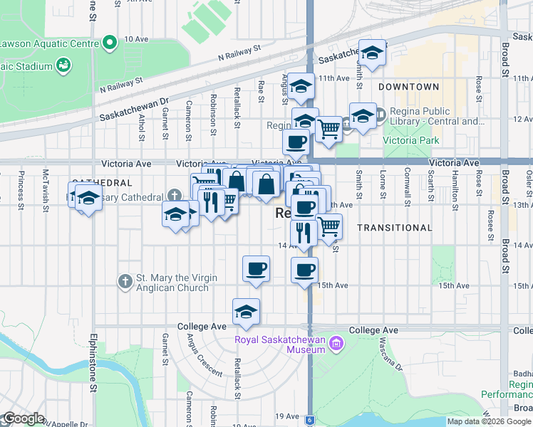map of restaurants, bars, coffee shops, grocery stores, and more near 2127 Rae Street in Regina