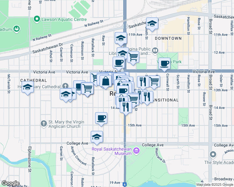 map of restaurants, bars, coffee shops, grocery stores, and more near in Regina