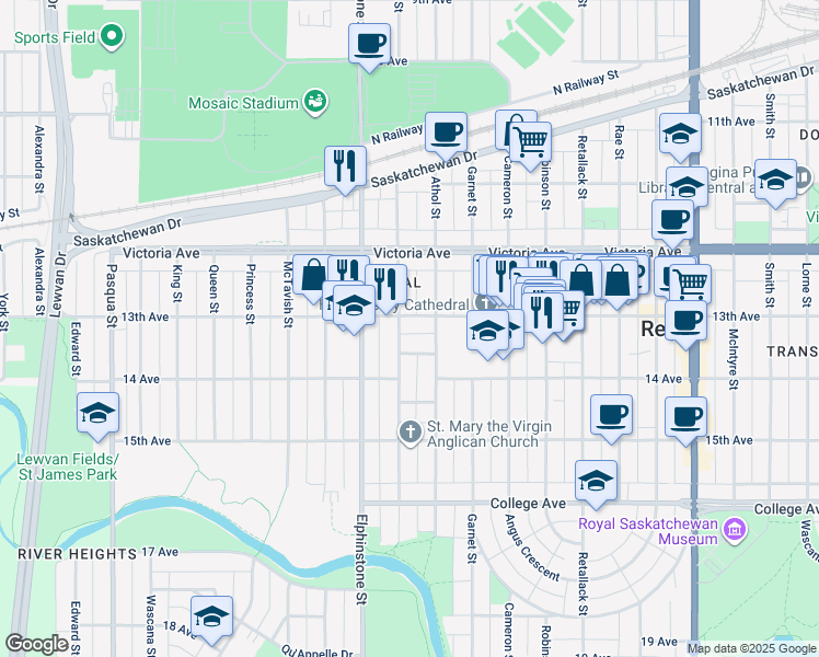 map of restaurants, bars, coffee shops, grocery stores, and more near 3334 Pike Avenue in Regina