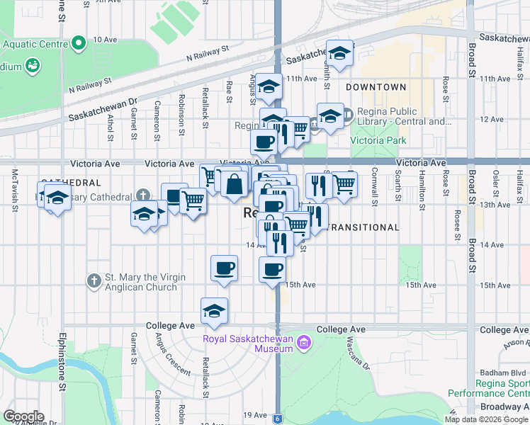 map of restaurants, bars, coffee shops, grocery stores, and more near  in Regina