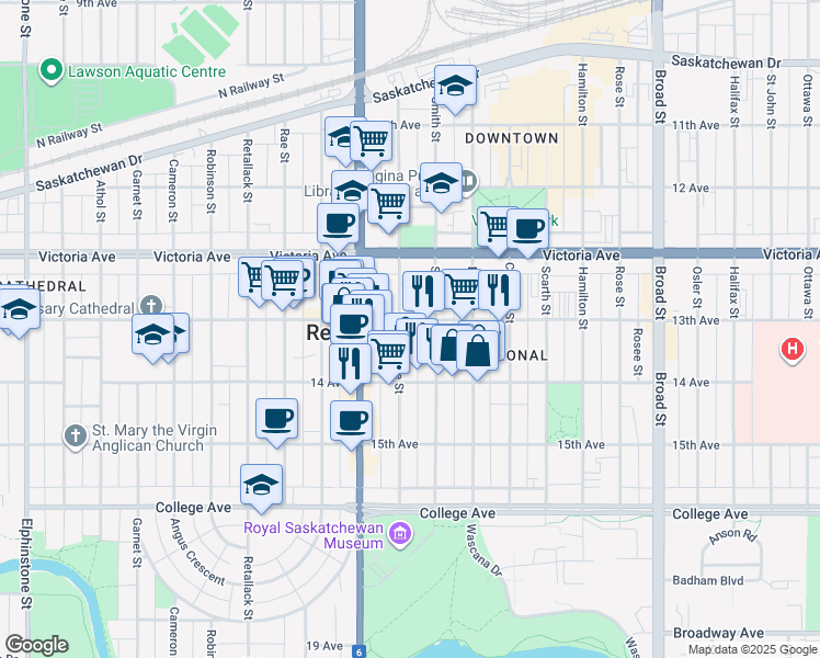 map of restaurants, bars, coffee shops, grocery stores, and more near 2141 McIntyre Street in Regina