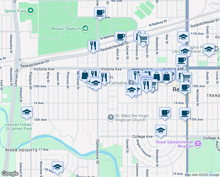 map of restaurants, bars, coffee shops, grocery stores, and more near 2115 Montague Street in Regina