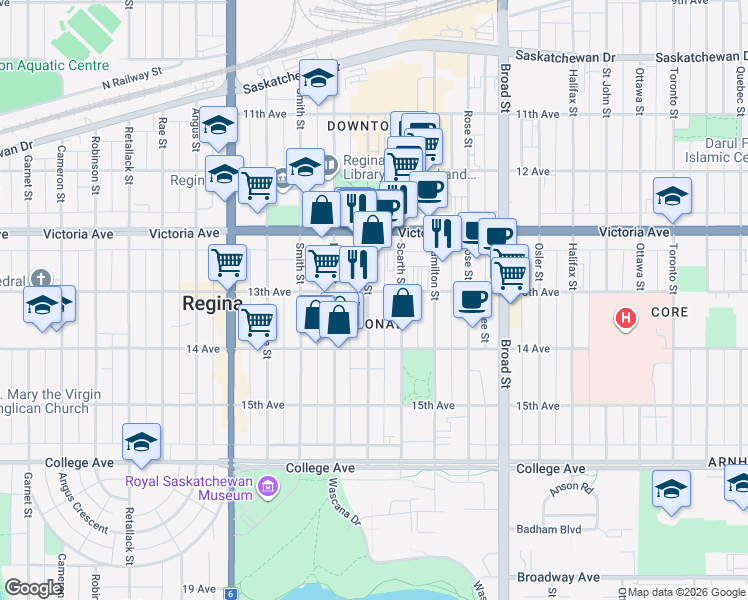 map of restaurants, bars, coffee shops, grocery stores, and more near 2130 Scarth Street in Regina