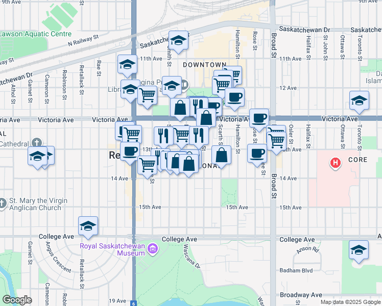 map of restaurants, bars, coffee shops, grocery stores, and more near 2120 Cornwall Street in Regina