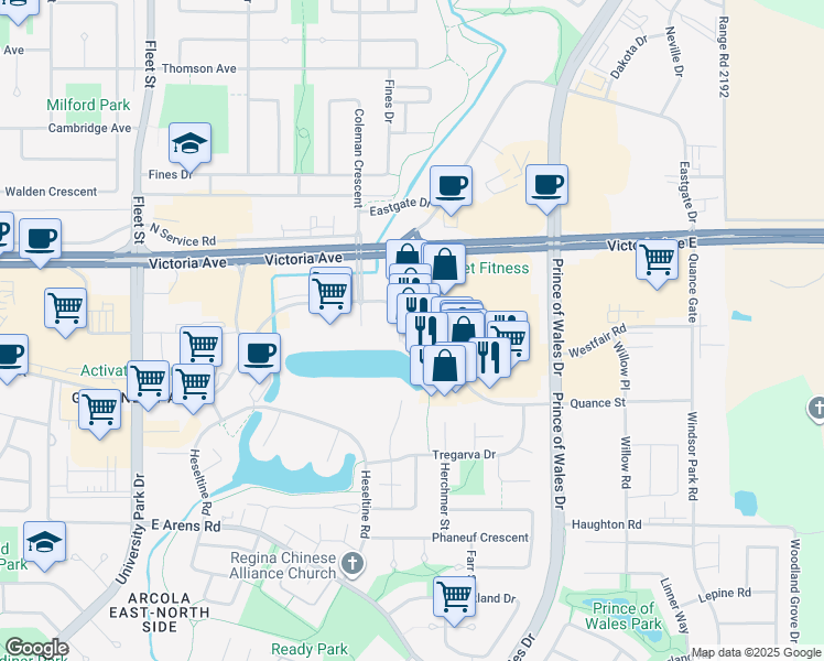 map of restaurants, bars, coffee shops, grocery stores, and more near 3121 Quance Street in Regina