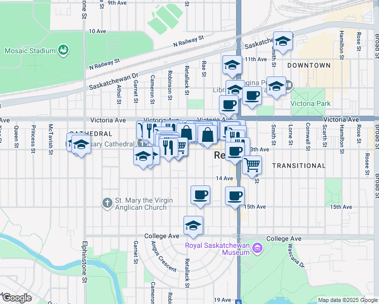 map of restaurants, bars, coffee shops, grocery stores, and more near 2101 Retallack Street in Regina