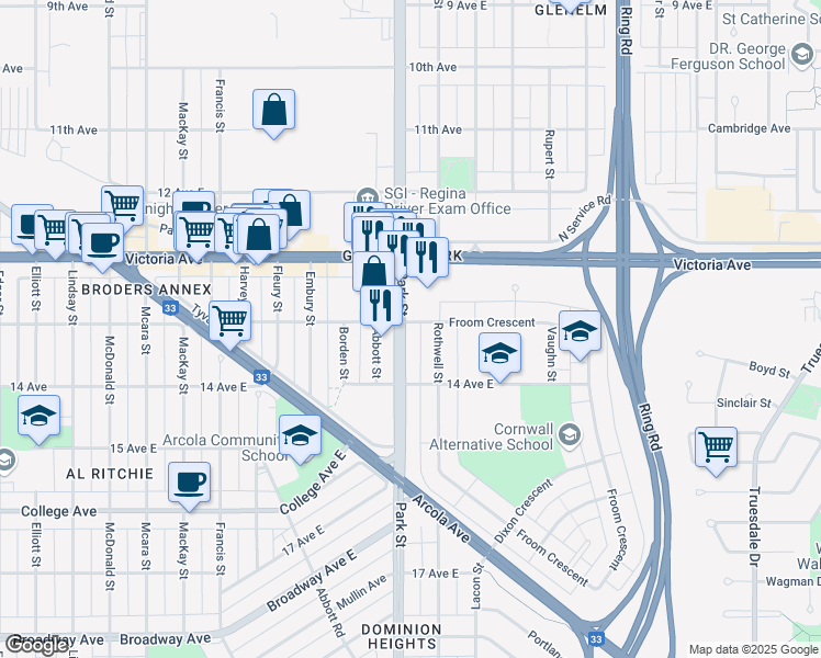 map of restaurants, bars, coffee shops, grocery stores, and more near 2107 Park Street in Regina