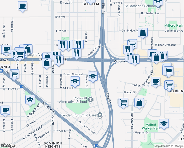 map of restaurants, bars, coffee shops, grocery stores, and more near 85 Froom Crescent in Regina