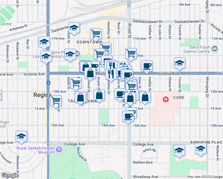 map of restaurants, bars, coffee shops, grocery stores, and more near 2126 Rose Street in Regina
