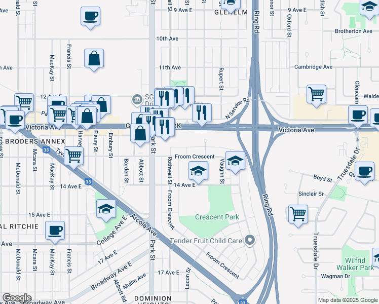 map of restaurants, bars, coffee shops, grocery stores, and more near 2031 Park Street in Regina