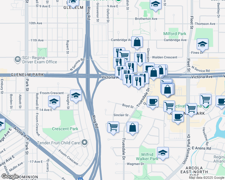 map of restaurants, bars, coffee shops, grocery stores, and more near 1825 Victoria Avenue East in Regina