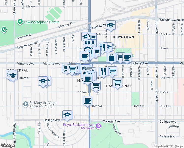 map of restaurants, bars, coffee shops, grocery stores, and more near 2030 McIntyre Street in Regina