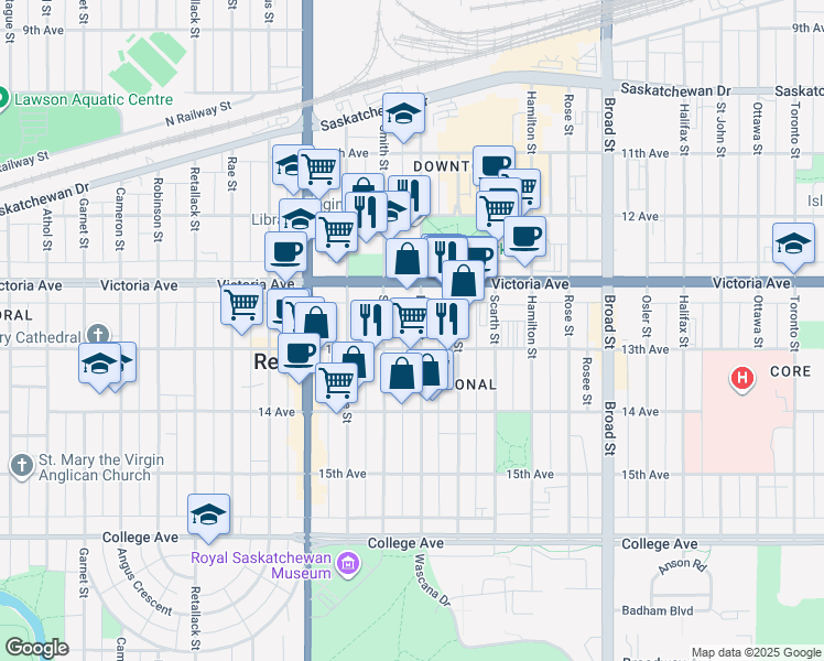 map of restaurants, bars, coffee shops, grocery stores, and more near 2058 Lorne Street in Regina