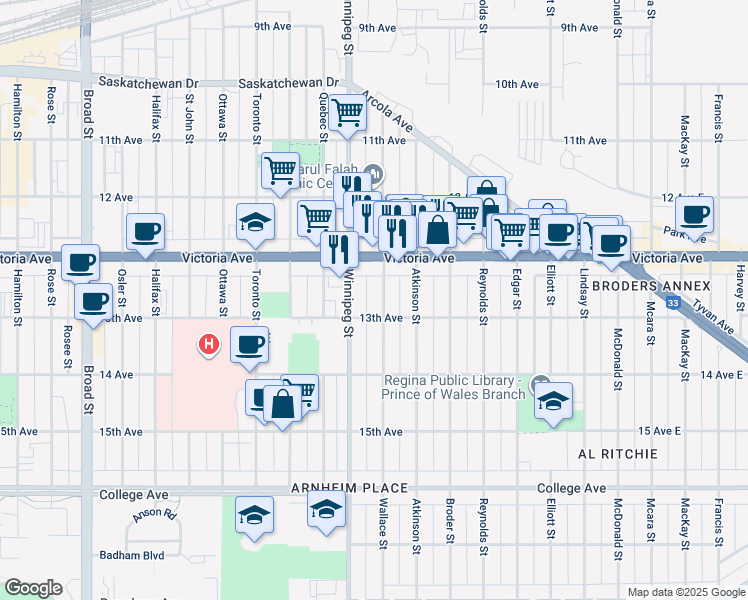 map of restaurants, bars, coffee shops, grocery stores, and more near 2031 Wallace Street in Regina