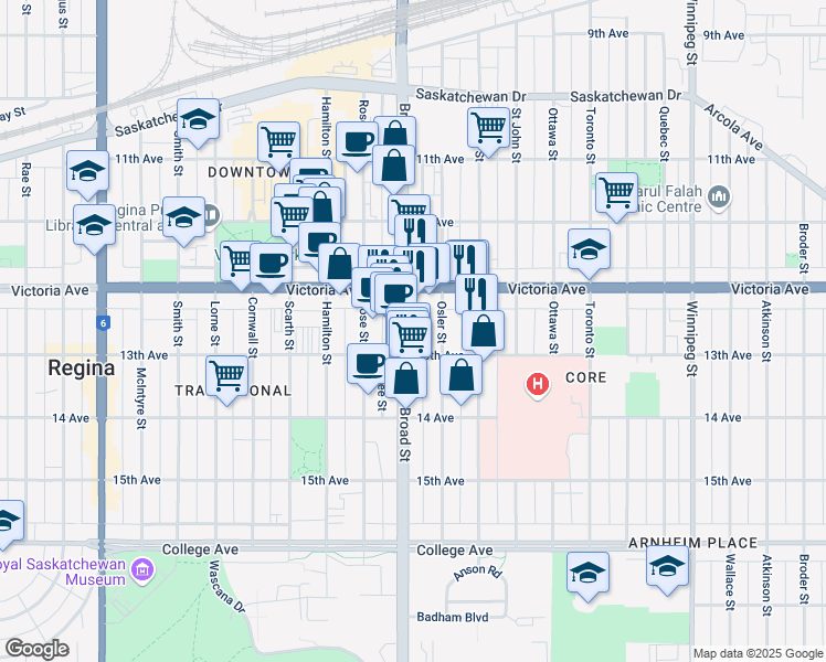 map of restaurants, bars, coffee shops, grocery stores, and more near 2045 Broad Street in Regina