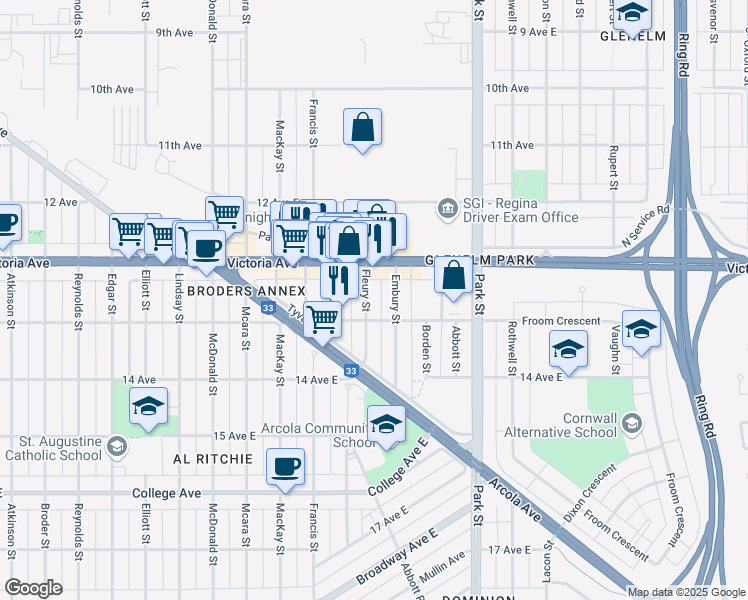 map of restaurants, bars, coffee shops, grocery stores, and more near 2051 Fleury Street in Regina