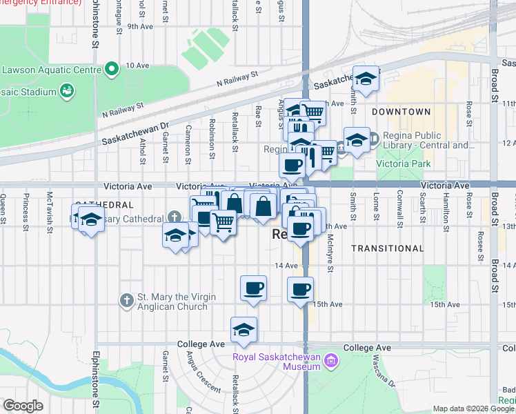 map of restaurants, bars, coffee shops, grocery stores, and more near 2025 Rae Street in Regina
