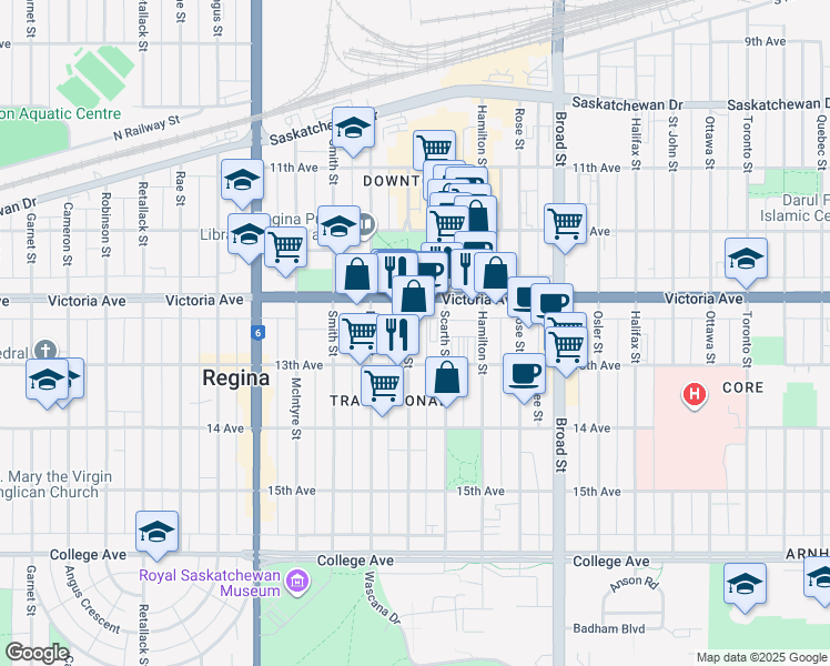 map of restaurants, bars, coffee shops, grocery stores, and more near 2001 Cornwall Street in Regina