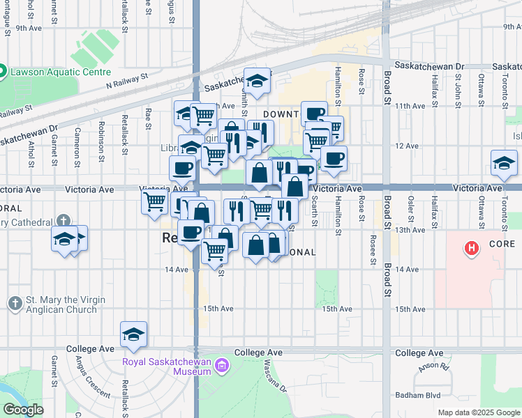 map of restaurants, bars, coffee shops, grocery stores, and more near 2022 Lorne Street in Regina