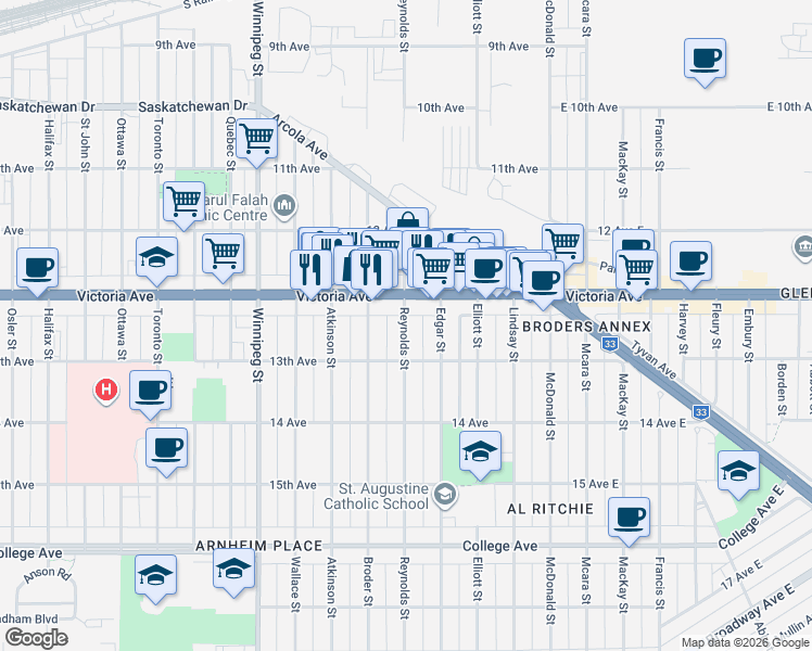 map of restaurants, bars, coffee shops, grocery stores, and more near 2031 Reynolds Street in Regina