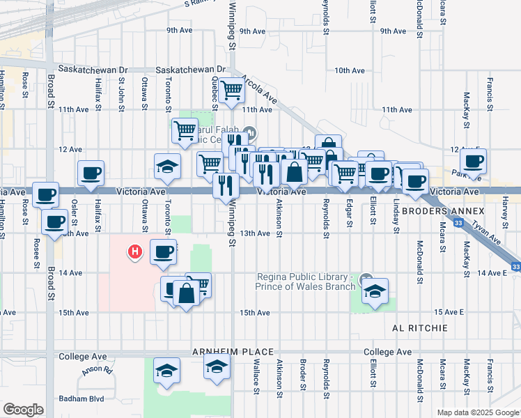 map of restaurants, bars, coffee shops, grocery stores, and more near 2031 Wallace Street in Regina