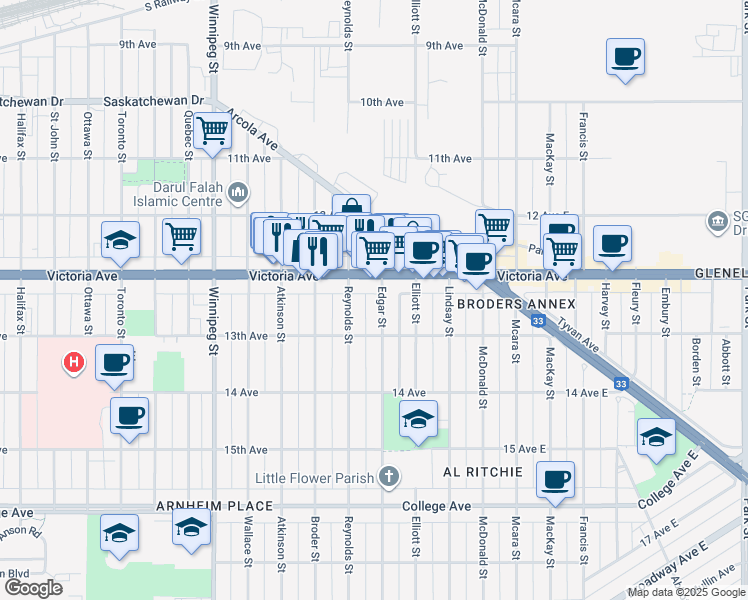 map of restaurants, bars, coffee shops, grocery stores, and more near 2030 Edgar Street in Regina