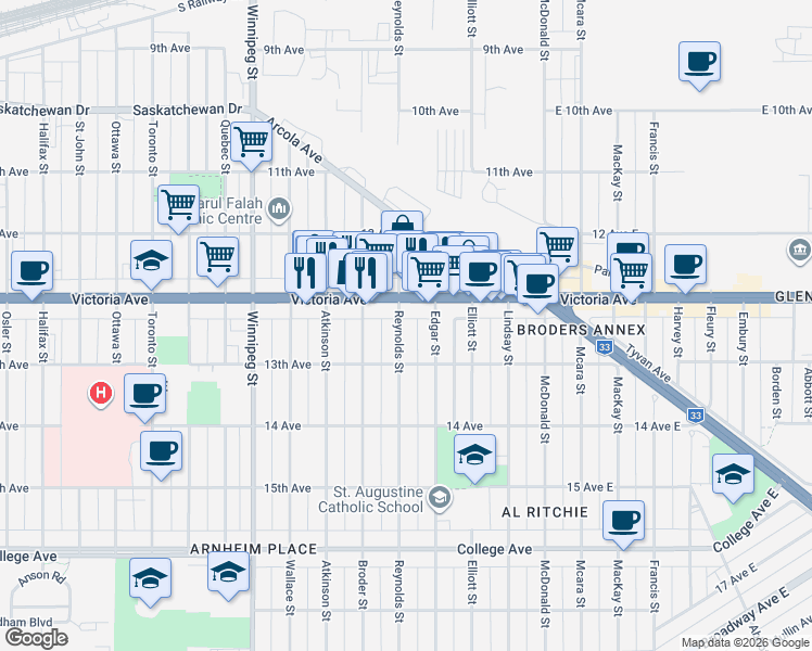 map of restaurants, bars, coffee shops, grocery stores, and more near 2031 Reynolds Street in Regina