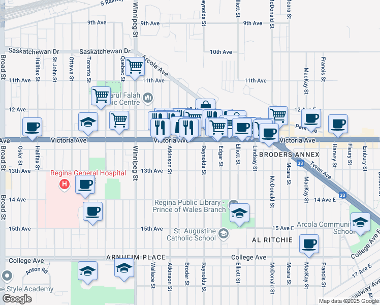 map of restaurants, bars, coffee shops, grocery stores, and more near 2031 Broder Street in Regina