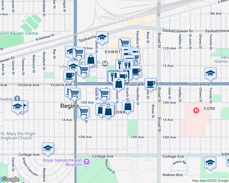 map of restaurants, bars, coffee shops, grocery stores, and more near 2022 Cornwall Street in Regina