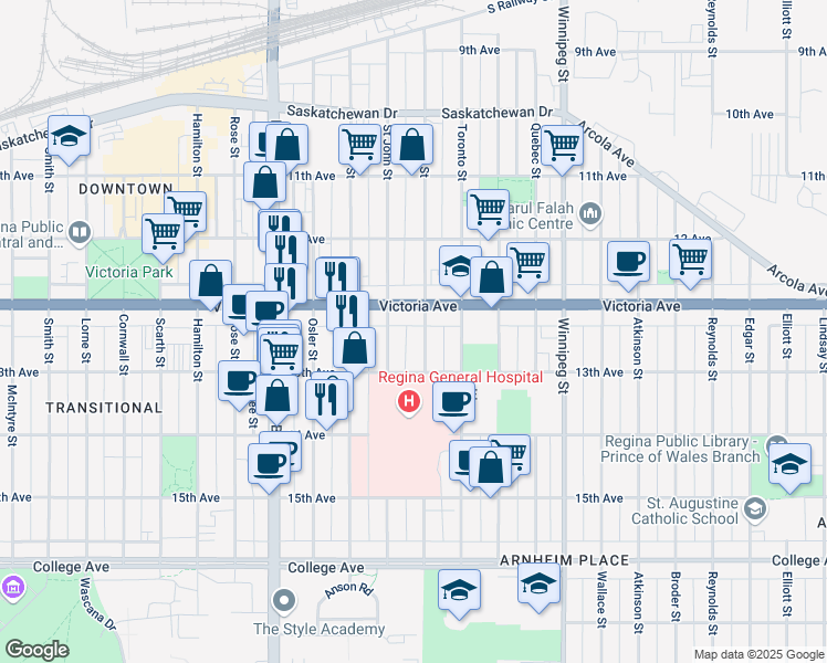 map of restaurants, bars, coffee shops, grocery stores, and more near 2028 Ottawa Street in Regina