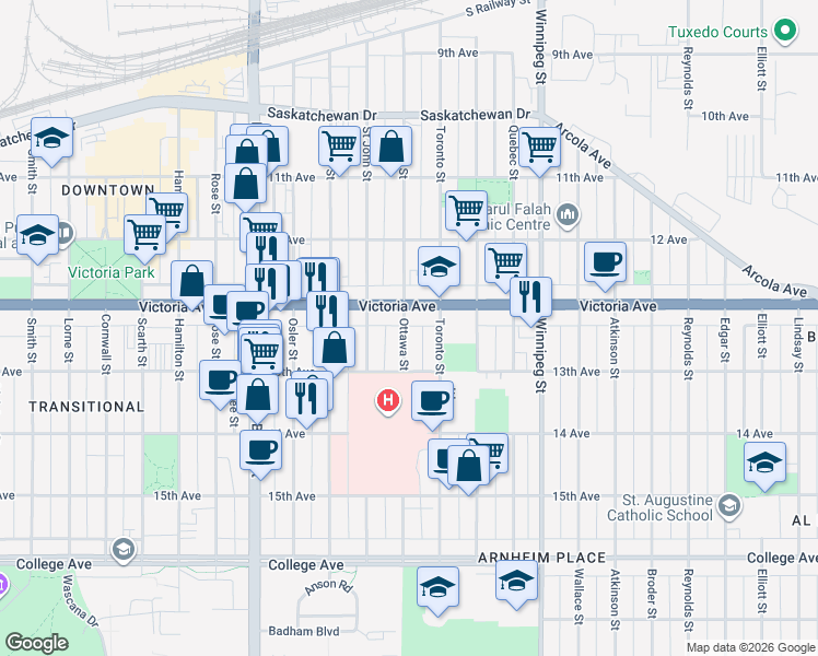 map of restaurants, bars, coffee shops, grocery stores, and more near 2028 Ottawa Street in Regina