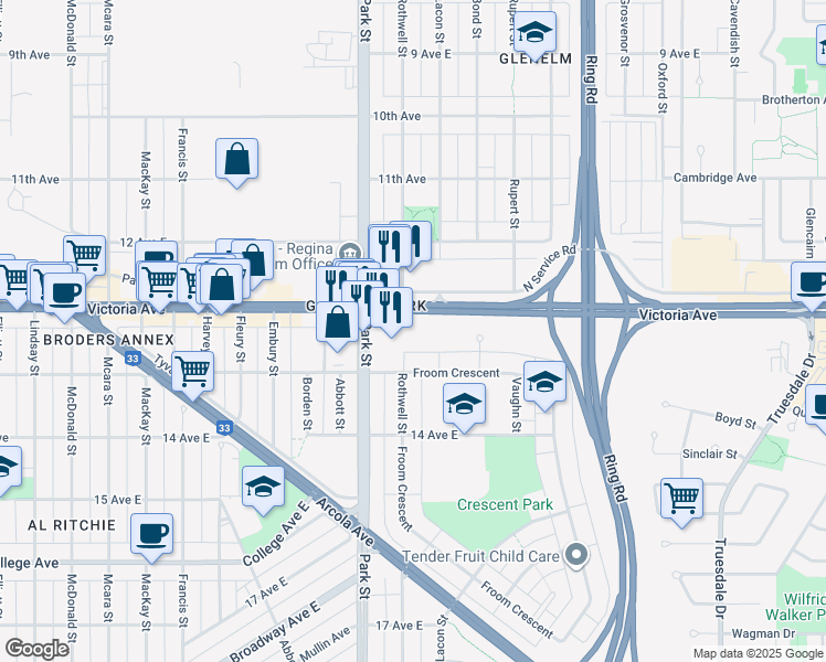 map of restaurants, bars, coffee shops, grocery stores, and more near 2031 Park Street in Regina