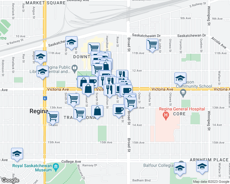 map of restaurants, bars, coffee shops, grocery stores, and more near in Regina