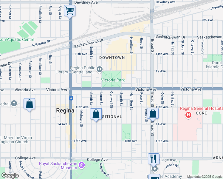 map of restaurants, bars, coffee shops, grocery stores, and more near 2022 Cornwall Street in Regina
