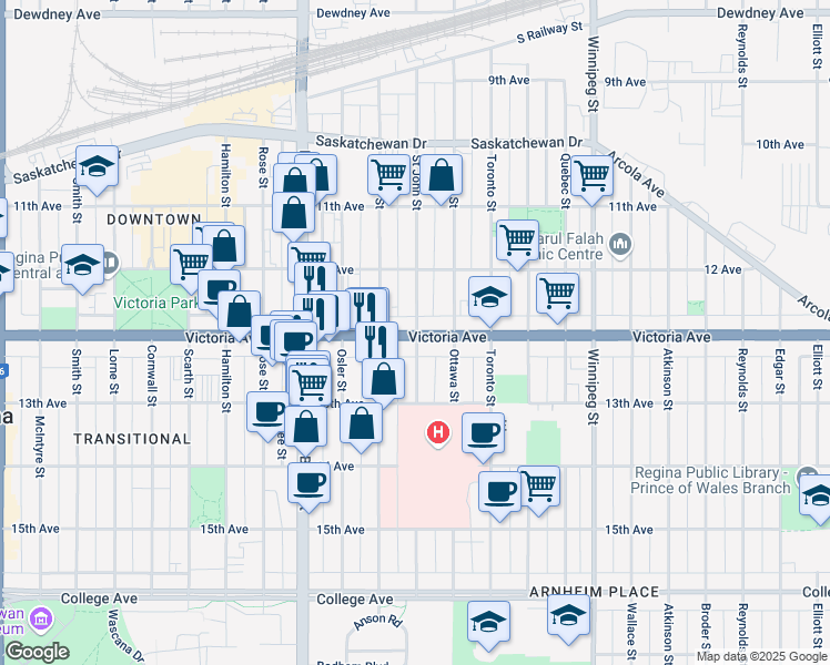 map of restaurants, bars, coffee shops, grocery stores, and more near 1504 Victoria Avenue in Regina