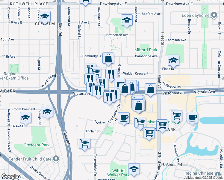map of restaurants, bars, coffee shops, grocery stores, and more near 1852 Victoria Avenue East in Regina