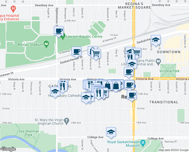 map of restaurants, bars, coffee shops, grocery stores, and more near 3022 Victoria Avenue in Regina