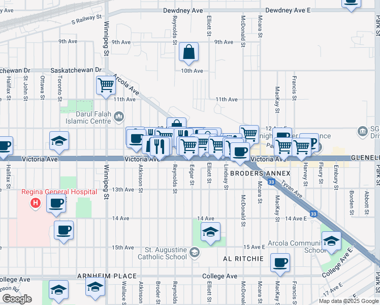 map of restaurants, bars, coffee shops, grocery stores, and more near 1939 Edgar Street in Regina