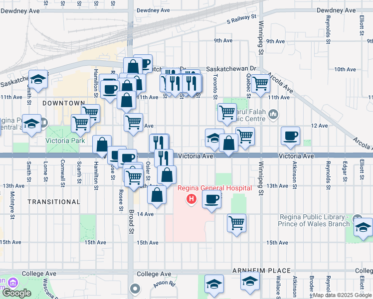 map of restaurants, bars, coffee shops, grocery stores, and more near 209 Ottawa Street in Regina