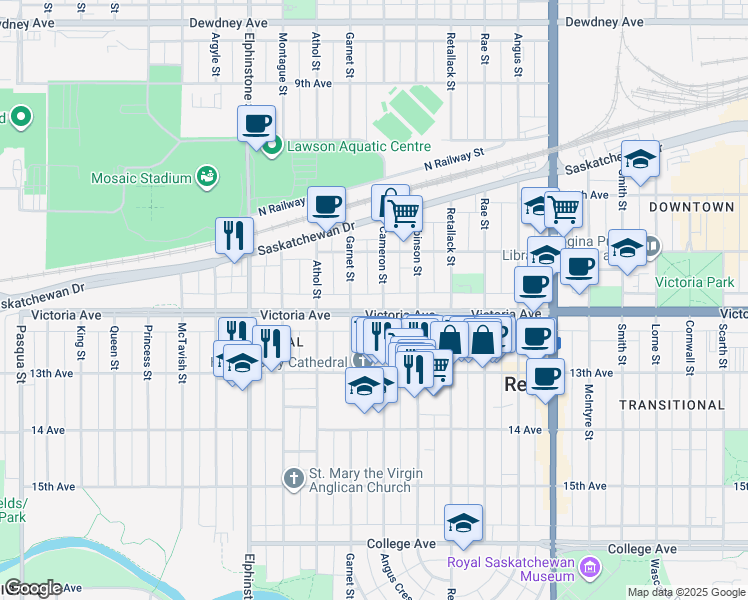 map of restaurants, bars, coffee shops, grocery stores, and more near in Regina