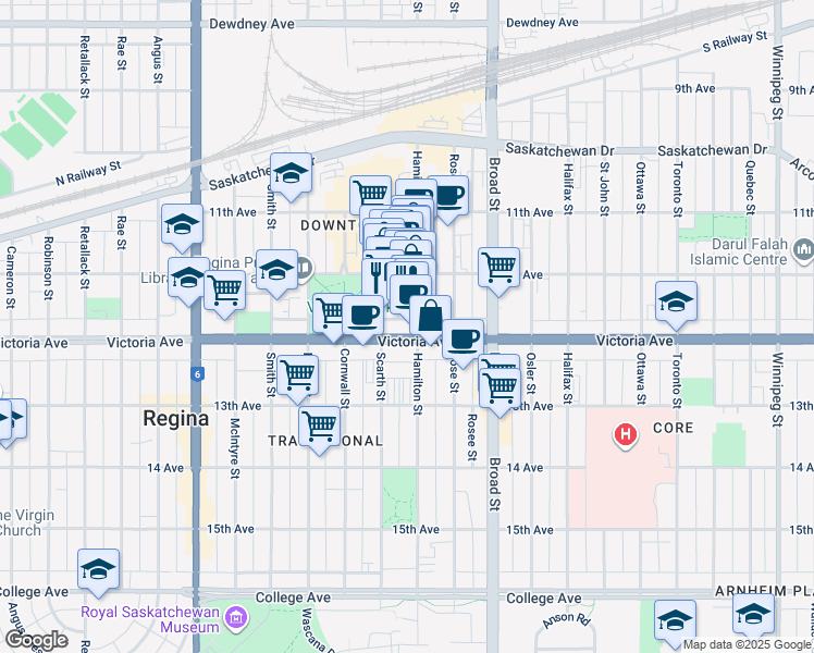 map of restaurants, bars, coffee shops, grocery stores, and more near 1930 Hamilton Street in Regina