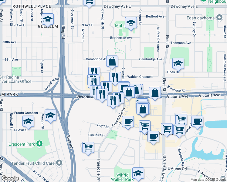 map of restaurants, bars, coffee shops, grocery stores, and more near North Service Road in Regina